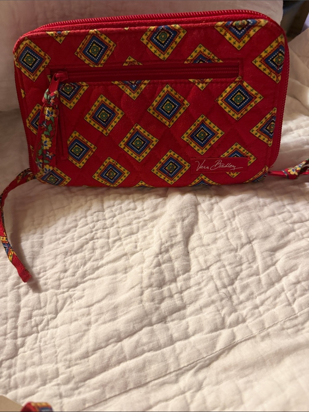 Vera Bradley Red Quilted Wristlet with Geometric Print